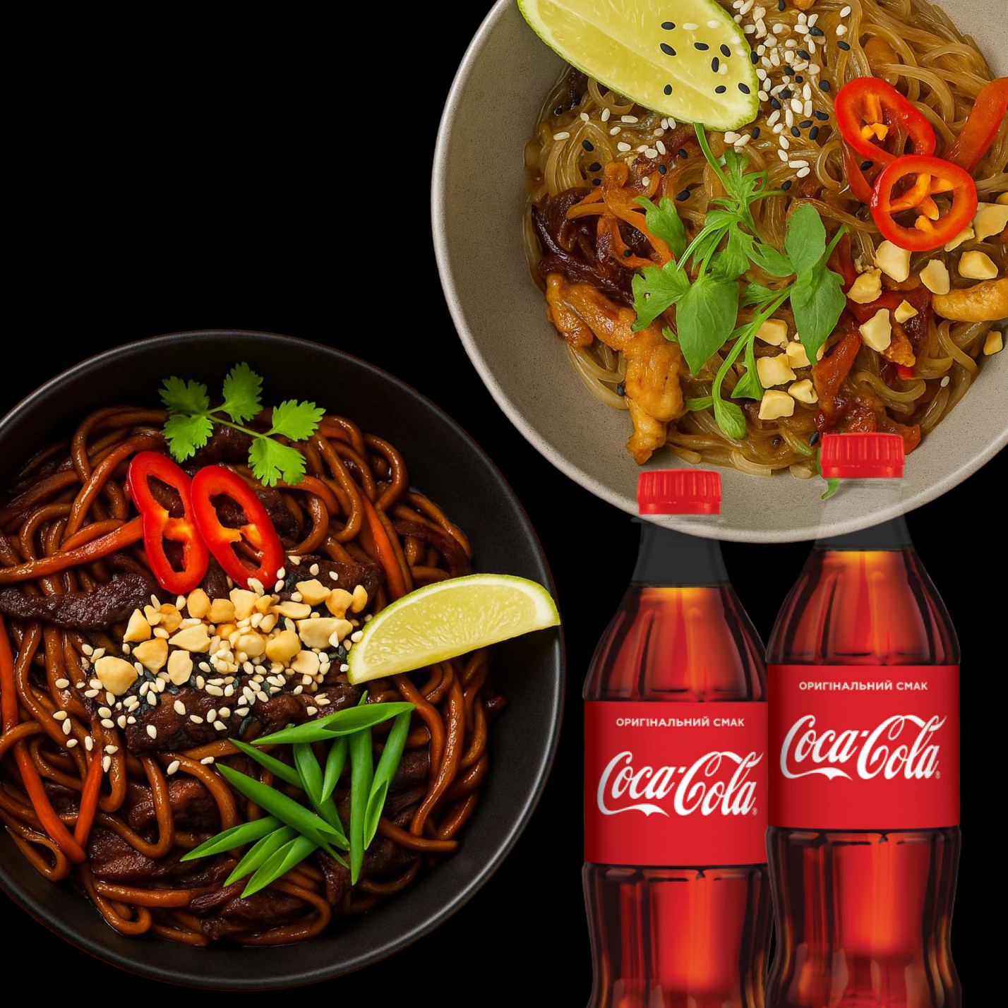Акція Удон свинина + Фунчоза курча + 2 Coca-Cola 0,5 у подарунок